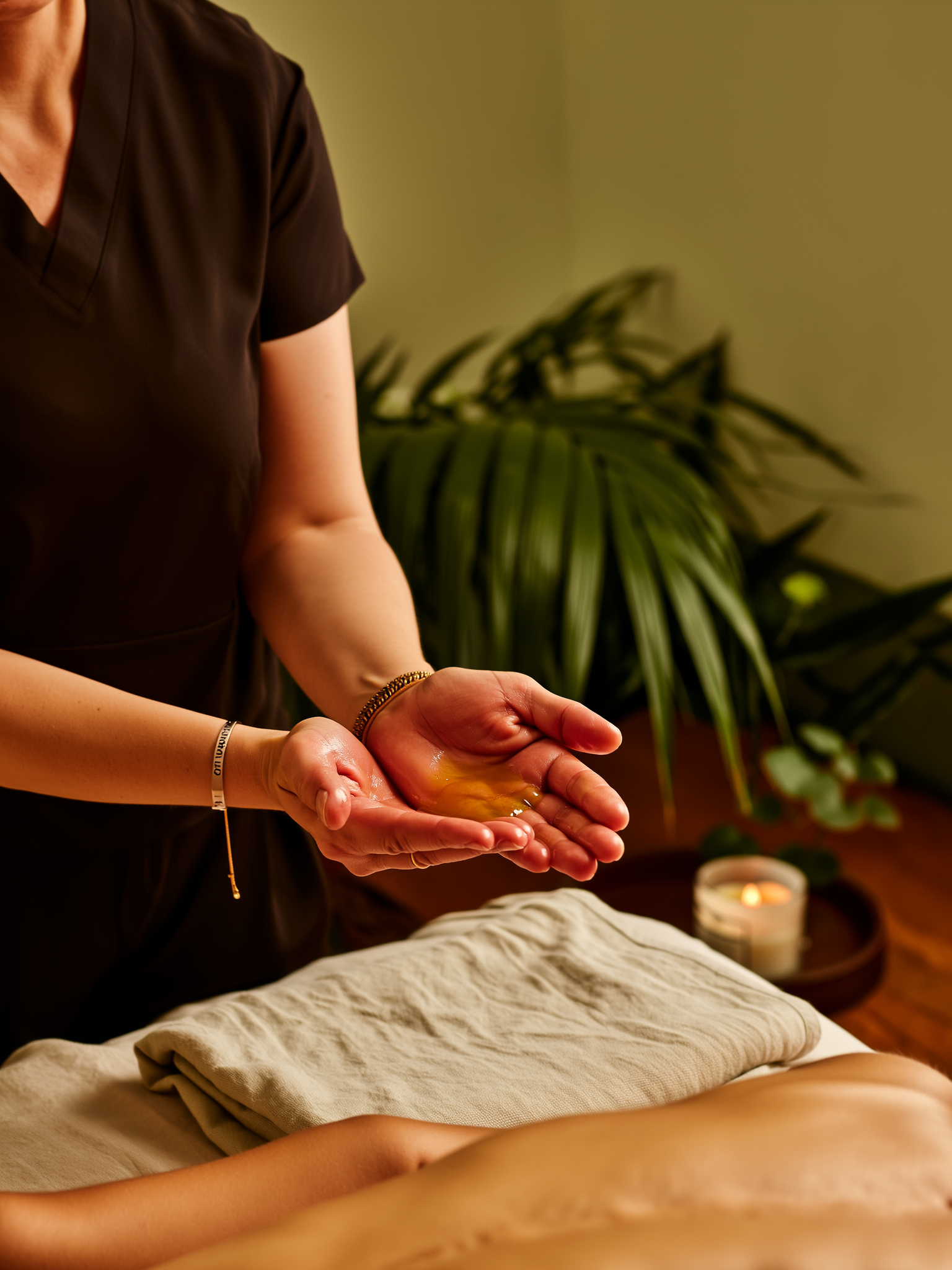 Handen met massageolie, sfeerbeeld