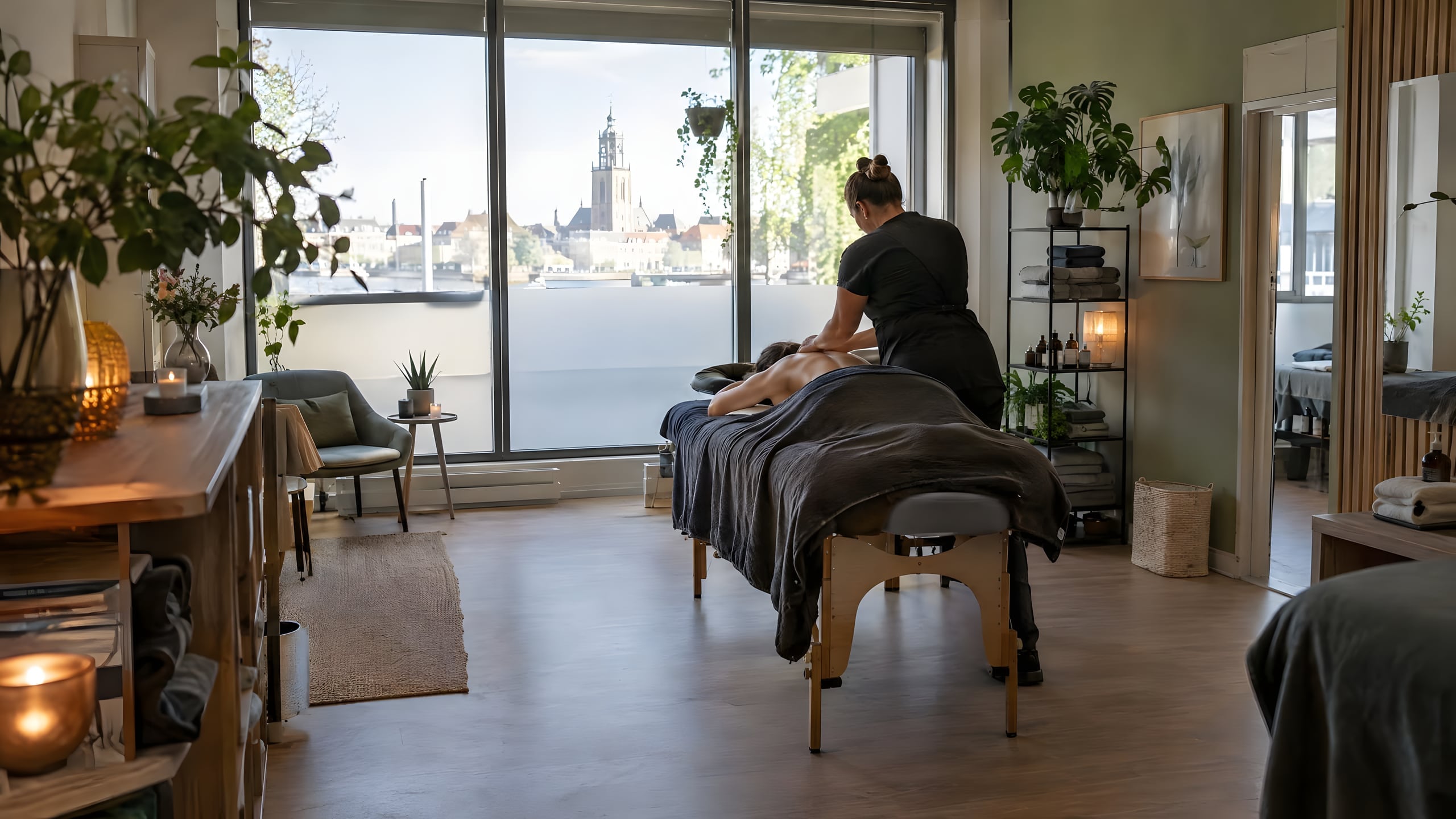 Lichte behandelruimte met planten en kaarslicht, een therapeut masseert de rug van een cliënt onder een deken, door het raam ligt de stad aan het water